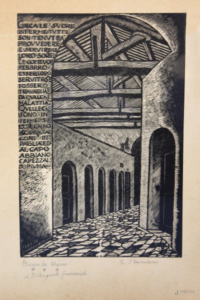 Interno di convento, xilografia 41x30 cm.