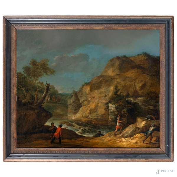 Attribuito a John H. Mortimer (1740-1779), Banditi, olio su tela, cm 53x76,5,  entro cornice, (lieve craquelure e piccolo sollevamento di colore nell'area superiore destra della composizione)