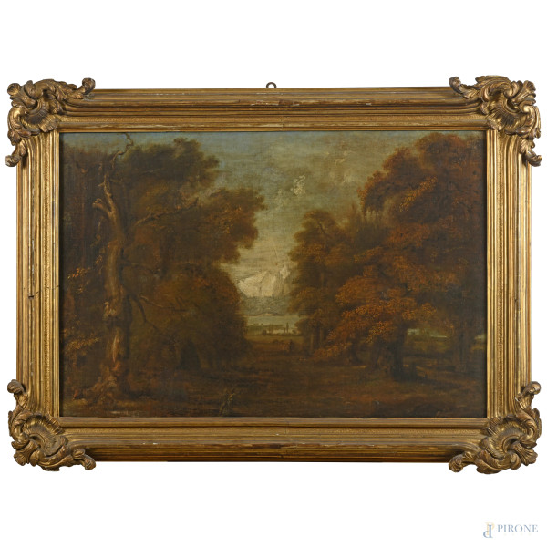 Paesaggio, XIX secolo, olio su tela, cm 65x95, entro cornice, (segni di usura, abrasioni)