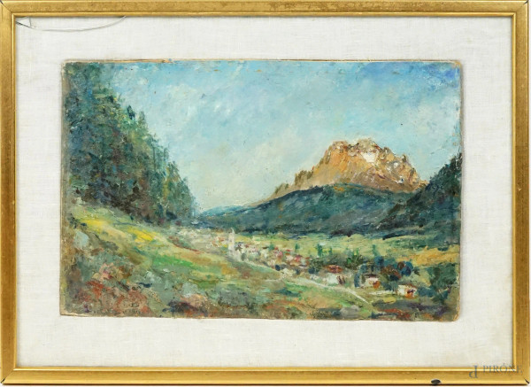 Paesaggio montano, olio su cartone, cm 20,5x33, XX secolo, entro cornice