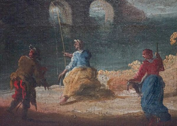 Pittore veneto del XVIII secolo, coppia di paesaggi fluviali con rovine e figure, cm 58x74, entro...