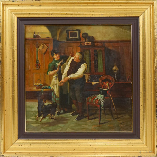 Scena di interno, olio su tela, cm 45x45, fine XIX-inizi XX secolo, entro cornice