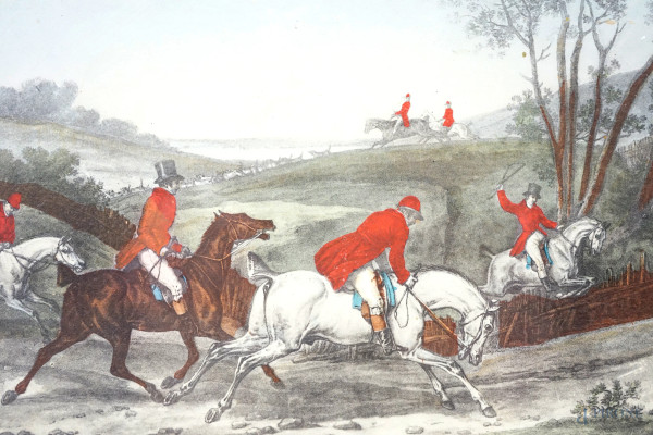 Lotto composto da una stampa acquerellata rappresentante una scena di caccia e un dipinto rappres...