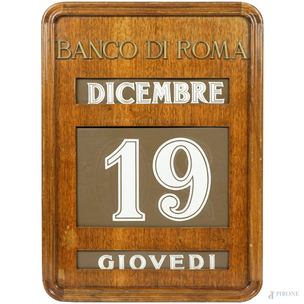 Calendario perpetuo Banco di Roma in legno, XX secolo, cm 51,5x38 (difetti)