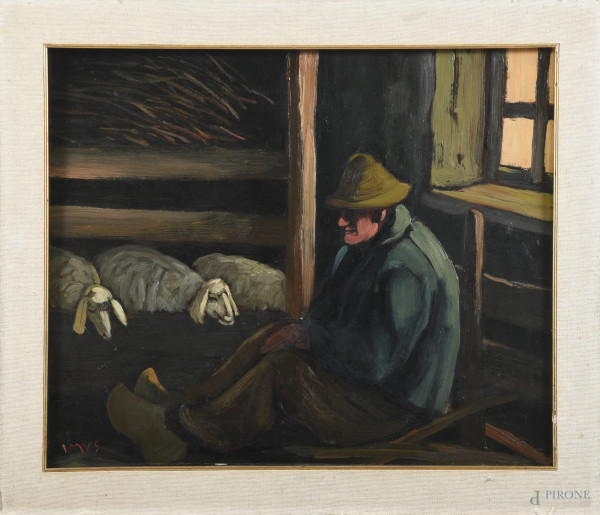 Pastore con pecore, XX secolo, olio su tela, cm 50x60, firmato in basso a sinistra, (segni di usura, difetti)