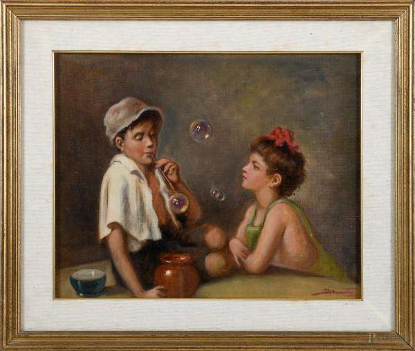 Bolle di sapone, olio su cartone telato, XX secolo, firmato in basso a destra, cm 42x51 entro cornice