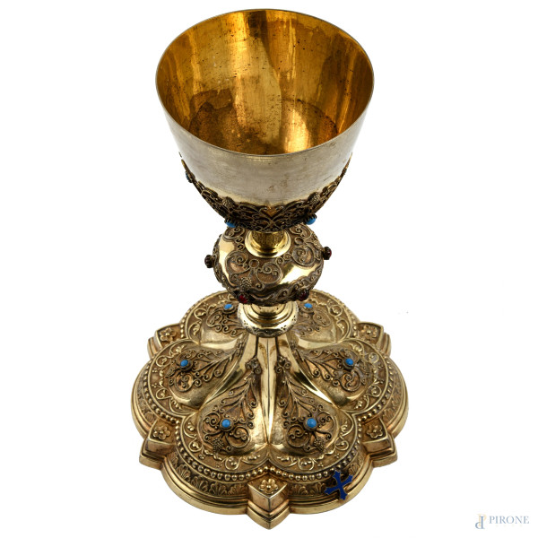 Calice in argento e pietre dure,altezza cm 24, peso lordo gr 430, (segni di usura)