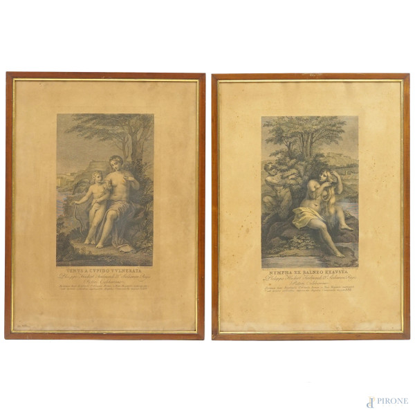 Coppia di incisioni da Raffaello "Nympha ex balneo exausta" e "Venus a Cupido vulnerata", incise da Angelo Campanella (Roma 1748-1815), sec. XIX, cm 58,5x42,5, entro cornice. (Difetti)