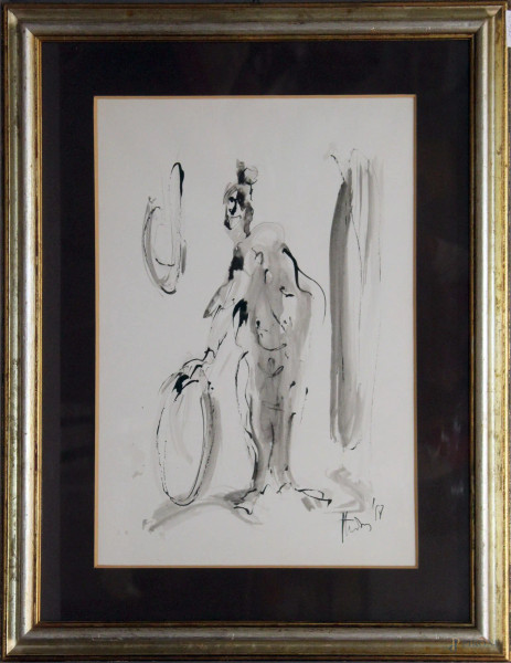 Giovanni Stradone - Pagliaccio, china su carta, 50x35 cm, entro cornice