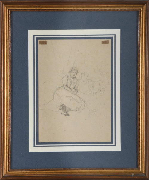 Studio di signora, grafite su carta, inizi del XX secolo, cm 27x19, entro cornice, firmato in basso a destra