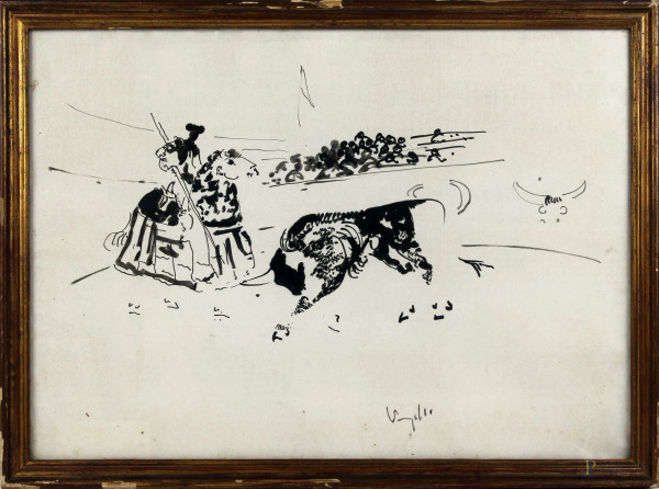 Antonio Vangelli - La corrida, acquarello su carta, cm 34x48, entro cornice