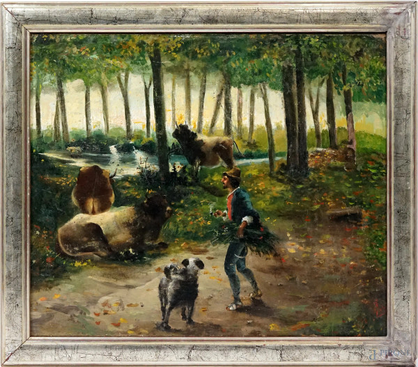 Pastorello con cane ed armenti, olio su tela, cm 45x54,5, firmato in basso a destra, entro cornice.
