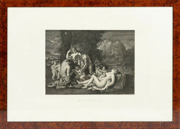 Baccanale, da Nicolas Poussin (1594 - 1665), incisione di Alphonse Masson (1814 - 1898), cm 89x62 circa, entro cornice, (macchie)