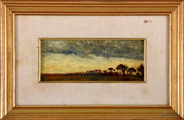 Paesaggio al tramonto, olio su tavola, XX secolo, cm 9x20 entro cornice, firmato in alto a sinistra L. Ugolini