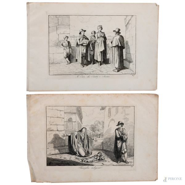 Bartolomeo Pinelli (1781 – 1835) Coppia di acqueforti raffiguranti "Famiglia indigente" e "Il cieco che canta e suona", misure massime foglio cm 28x42, (piegature, segni di usura, lacerazioni, tracce di umidità)