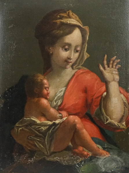 Pittore del XVII secolo, Madonna col Bambino, olio su tela, cm 50x37, (difetti)