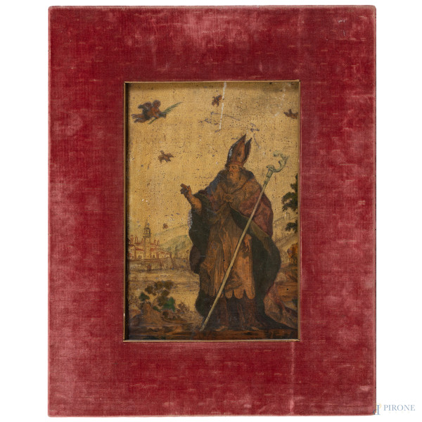 Coppia di stampe applicate su tavola dipinta, XIX-XX secolo, cm 37,5x26, (fessurazioni, craquelur...