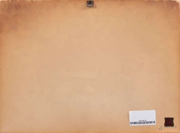 Antico disegno a inchiostro su carta pecora raffigurante San Giorgio e il drago, cm 19,5x29,5, mo...