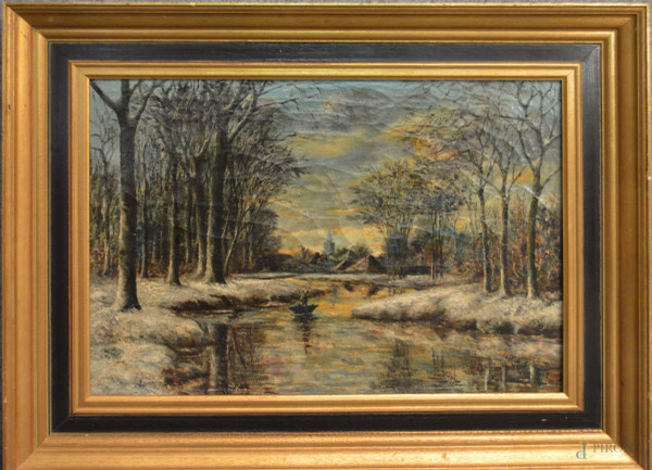 Paesaggio invernale con fiume, olio su tela 32x45 cm, entro