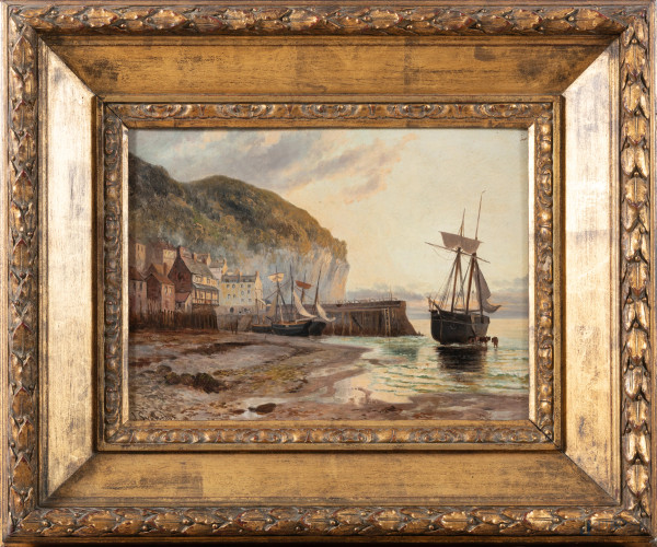 Costa con velieri, XIX-XX secolo, olio su cartone, cm 38x51, firmato in basso a sinistra, entro cornice, (segni di usura, abrasioni)