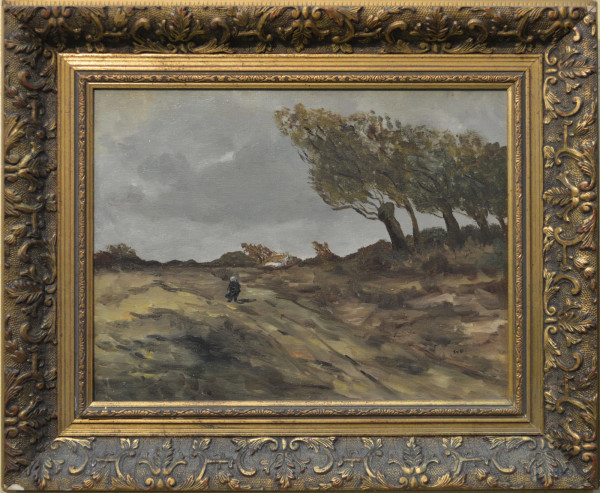 Paesaggio montano con figura, dipinto dell’800 ad olio su tela34,27 cm, entro cornice.