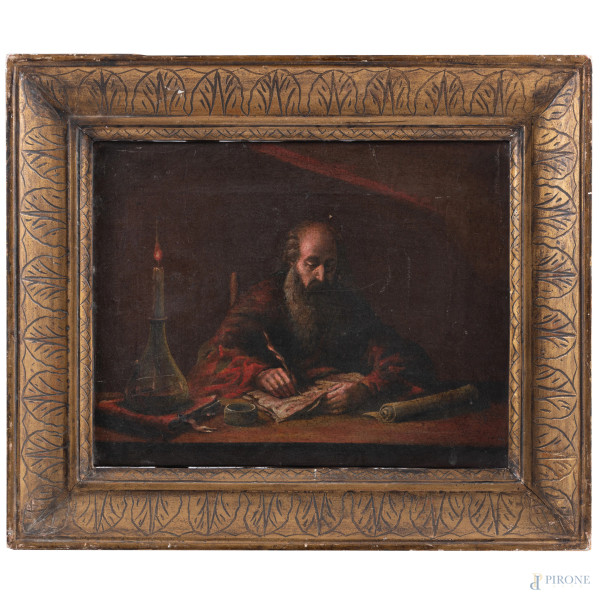 Nello studio, XIX secolo, olio su tela, cm 38x51, entro cornice, (segni di usura, craquelure, abrasioni, restauri, difetti, cadute di colore)
