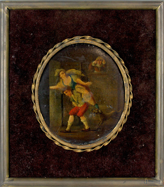 Pittore fiammingo del XIX secolo, Scena di genere, olio su legno ad assetto ovale, cm.11x10, entro cornice.