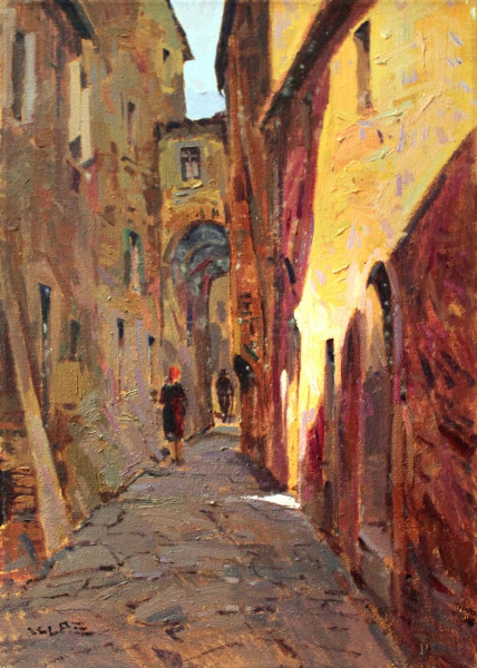 Angiolo Volpe - Vicolo di Montepulciano con figura, olio su tela, cm 50 x 70.