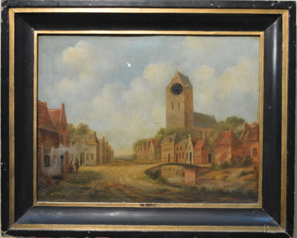 Scorcio di citta' nordica con campanile e orologio, olio su tavola 46x31 cm,entro cornice.