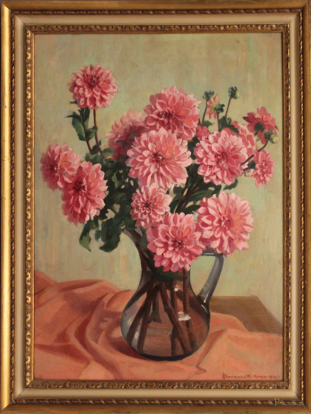 Arturo Barazzutti - Natura morta con vaso e fiori, olio su tela, cm 80x60, datato 1956, entro cornice.