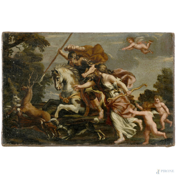 La morte di Atteone, XVIII secolo, olio su tela, cm  29x42,5, (craquelure, piccole cadute di colore)