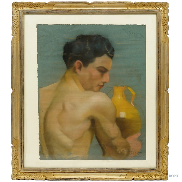 Figura maschile di spalle, pastello su carta, cm 61,5x45, firmato e datato "M. Orlandi 1925" in basso a destra, entro cornice