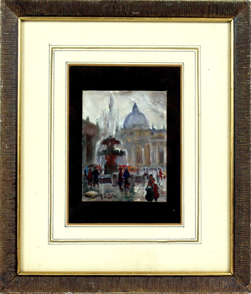 Piazza San Pietro, olio su tavola, cm. 12,5x9,5, a firma A. Delisio, entro cornice.