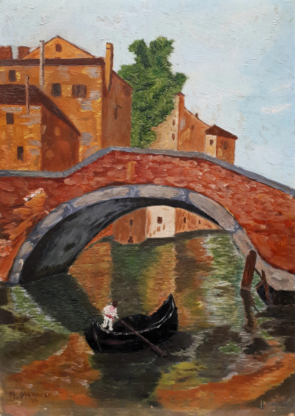 Canale veneziano con gondola, 1955, olio su faesite, cm 39x29, firmato e datato