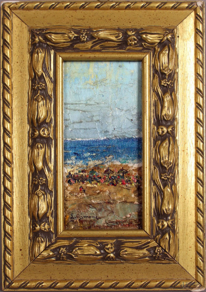 Spiaggia con figure, olio su cartone telato, cm. 20x9, firmato, entro cornice.