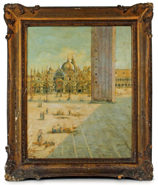 Scorcio di Piazza S.Marco, olio su tela riportata su tavola, inizi XX secolo, cm 50x40, entro cornice.