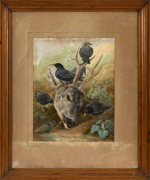 Natura morta di cacciagione, acquarello su carta, cm 44x35, entro passepartout e cornice, firmato in basso a destra