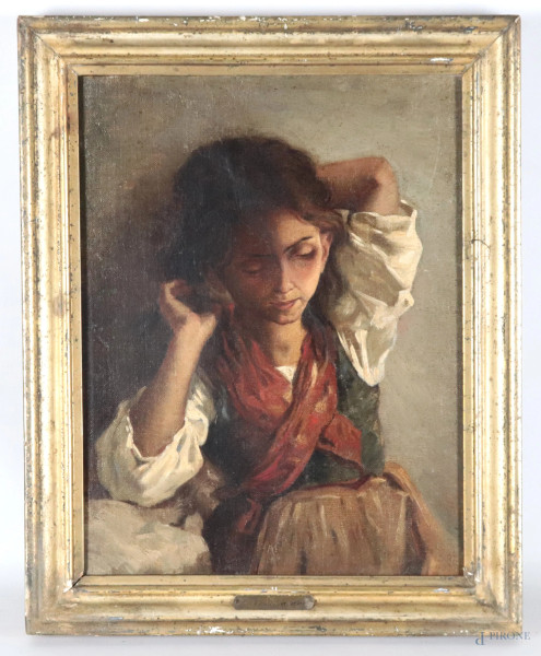 Giovane popolana, XIX-XX secolo, olio su tela, cm 39,5x30, entro cornice, (lievi segni di usura, abrasioni)