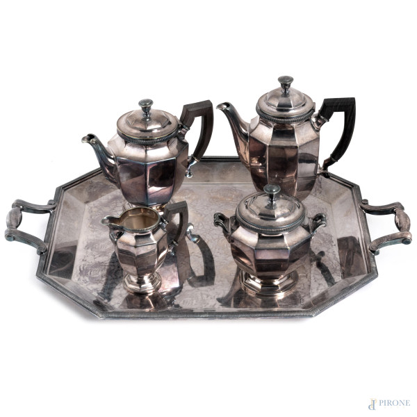 Servizio da tè Cristofle con manici in legno, altezza massima cm 23, misure vassoio cm 59x41
