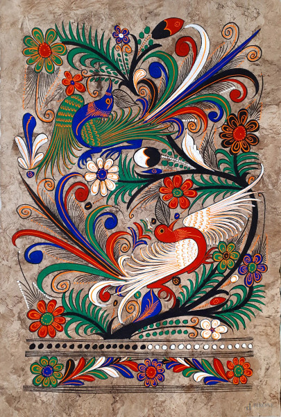 Arte orientale, Uccelli del Paradiso, pigmenti su papiro, cm 60x40