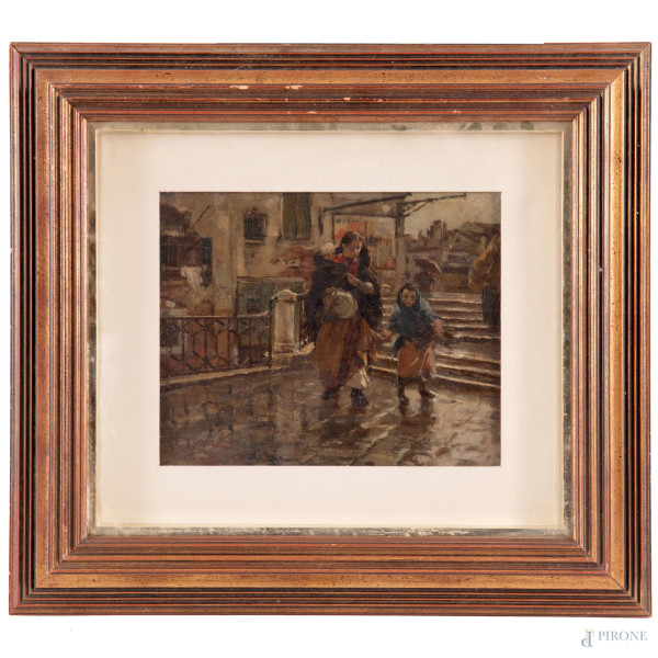Giuseppe Vizzotto Alberti (1862-1931), Giornata di pioggia, olio su tavoletta, cm 27x33, firmato  e datato in basso a sinistra, entro cornice