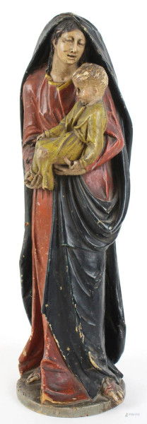Madonna con Bambino, scultura in legno policromo, altezza cm. 41, XIX secolo.