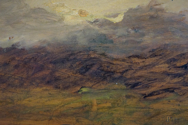 Paesaggio, bozzetto realizzato ad olio su tavola, cm 31x45, entro cornice.