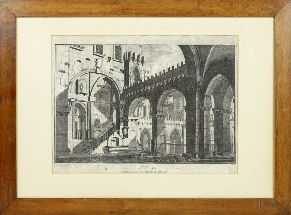 Giuseppe Galli Bibiena (1696-1756), Scena di invenzione e disegno del cavaliere Bibiena raffigurante la regione del Cortile con veduta di prigione, incisione, cm 48x69, entro cornice (restauri)