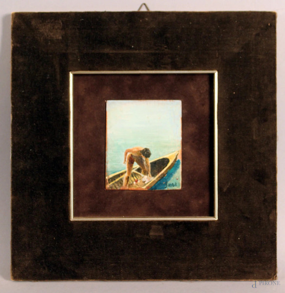 Ragazzo in barca, olio su tavola, cm. 9x8, firmato Bartoli, entro cornice.