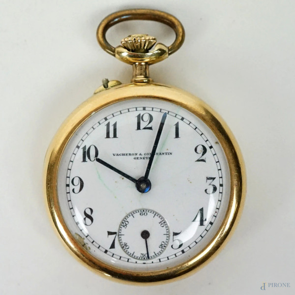 Vacheron Costantin - Genève, orologio da tasca in oro giallo 18 KT, cassa punzonata, quadrante smaltato a numeri arabi, cm 4x3, peso lordo gr.  25,3, (meccanismo da revisionare).