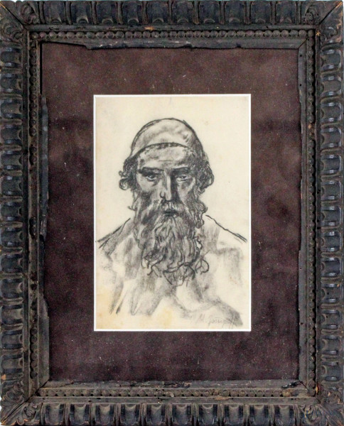 Ritratto d'uomo con barba, carboncino su carta, cm 21x13, firmato, entro cornice