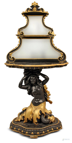 Consolle retta da figura femminile in legno ebanizzato e dorato, piano in marmo, parte superiore ad alzata con specchi, XIX sec., cm 190x109x58.