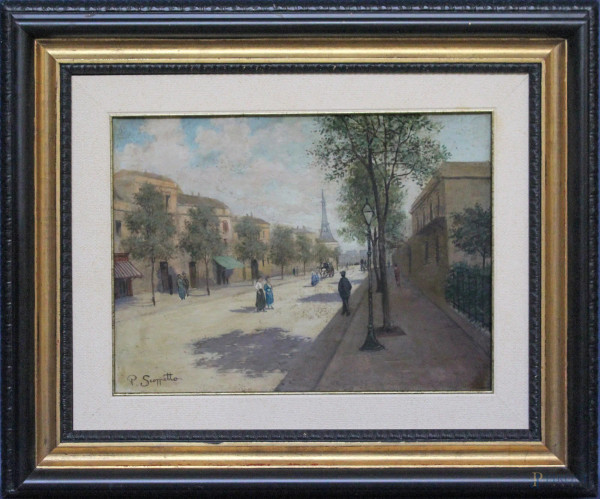 Scorcio di Parigi, olio su cartone firmato P. Scoppetta, cm 30 x 40, entro cornice.