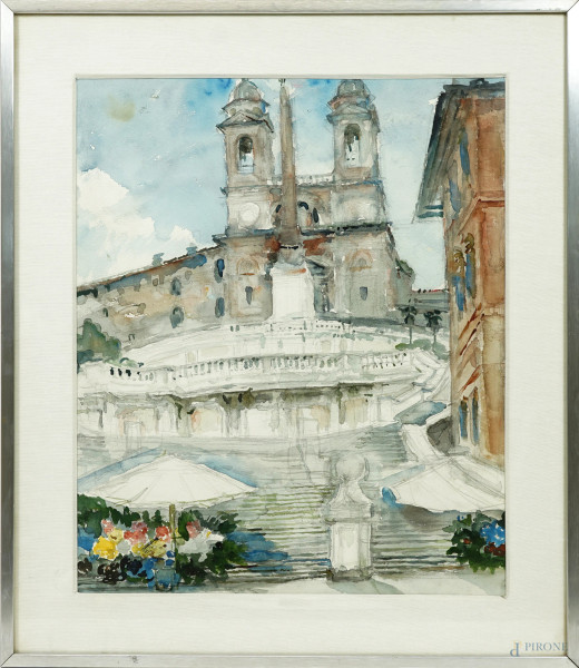 Giulio Brunacci - Trinità dei Monti, acquerello su cartoncino, cm 44x36, entro cornice